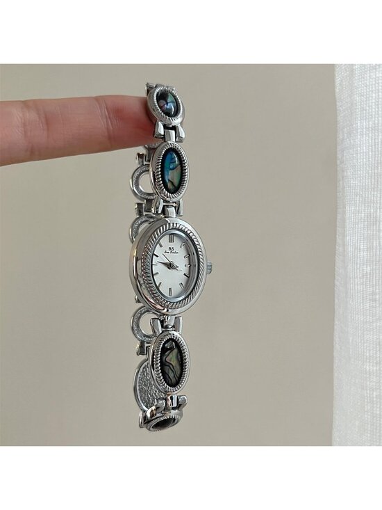 Women\'s Silver Vintage Bracelet Elegant Jade Oval Dial Quartz Dress Wrist Watch main image 5